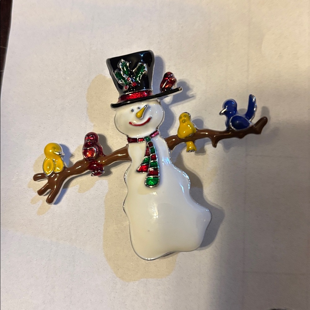 Festive Snowman Brooch with Birds